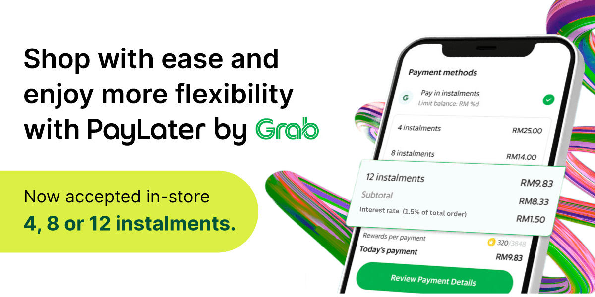 Promotional graphic for Grab's PayLater service with a smartphone displaying payment options.