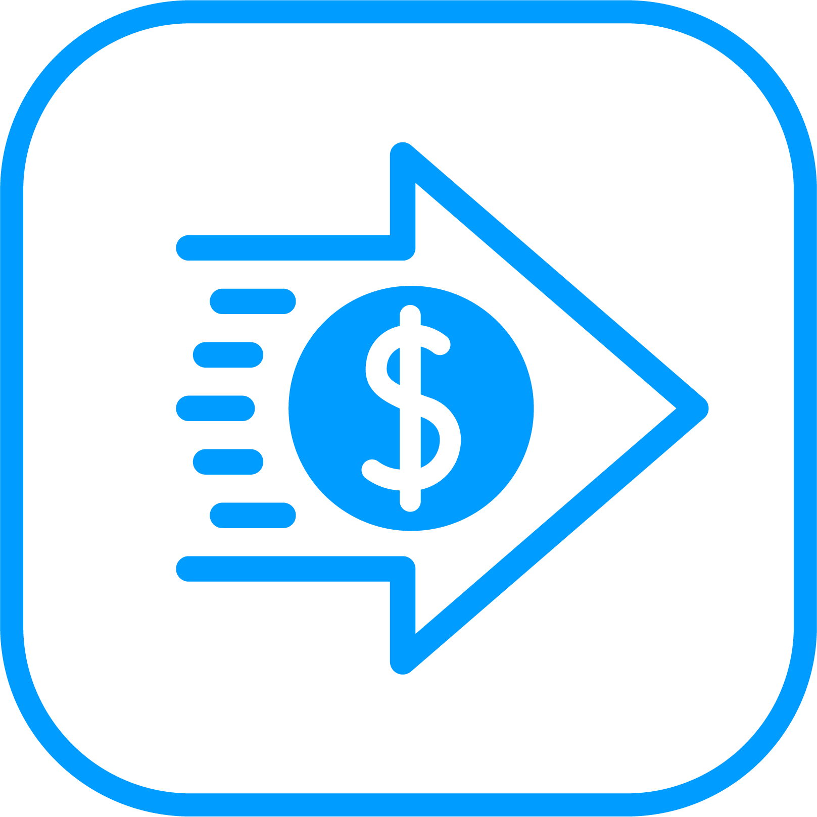 Blue icon with a dollar sign and arrow on a white background