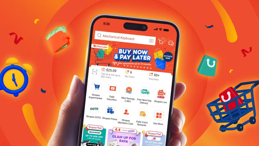 Hand holding a smartphone with a shopping app on an orange background with shopping icons.