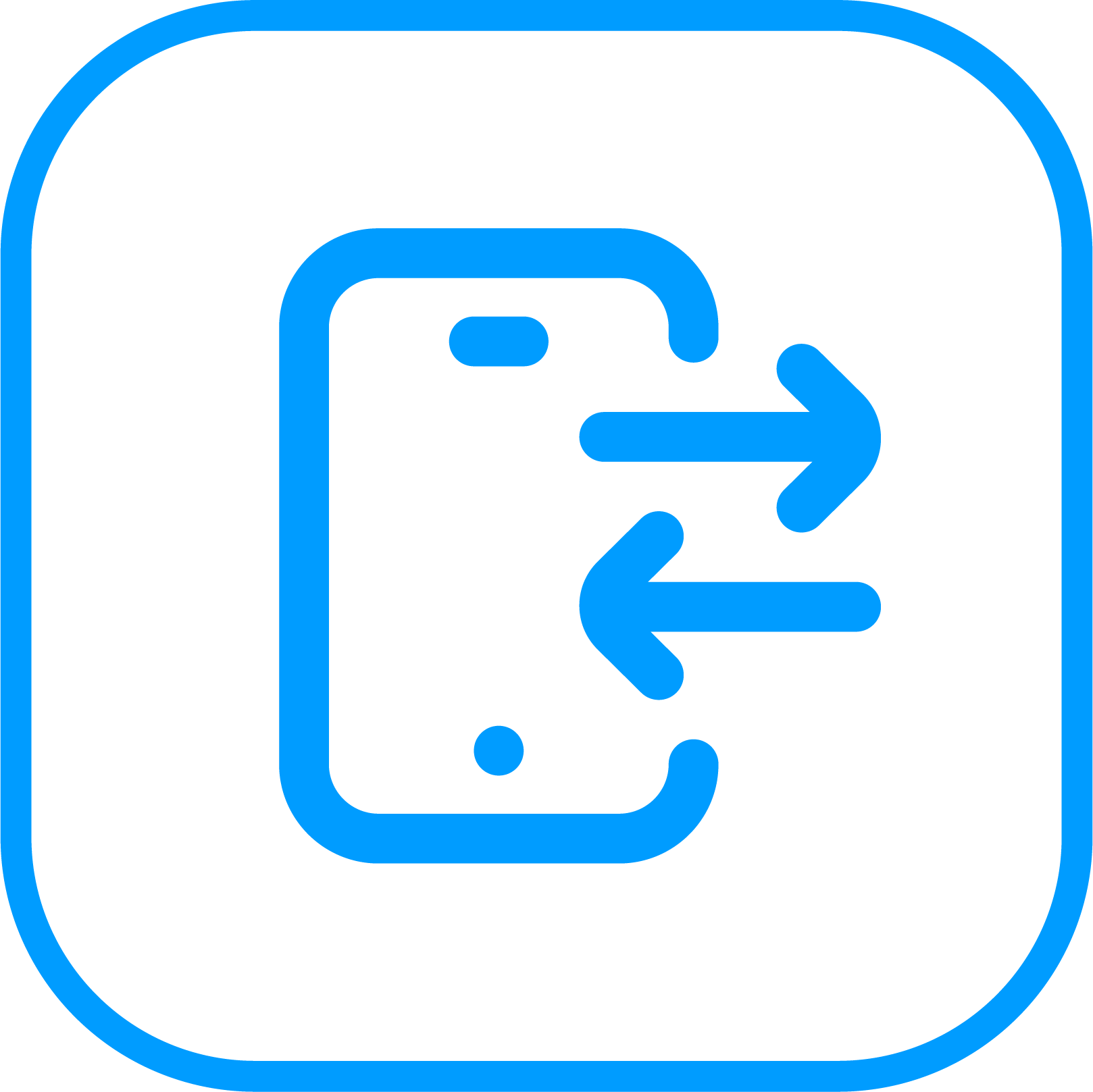 Blue icon of a smartphone with two arrows on a white background