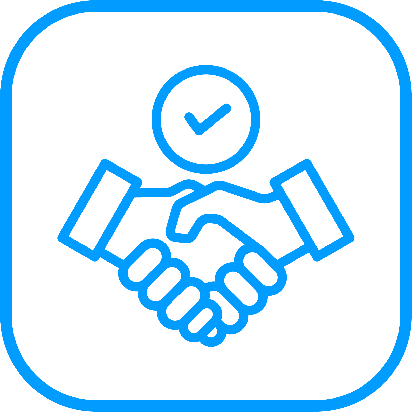 Icon of a handshake with a check mark inside a blue square